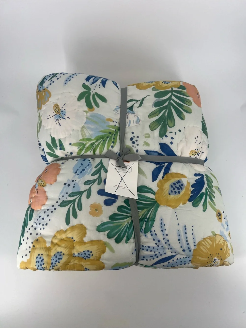 Anthropologie Ellen Merchant Yellow Bird Floral Parrot Quilted Queen Comforter